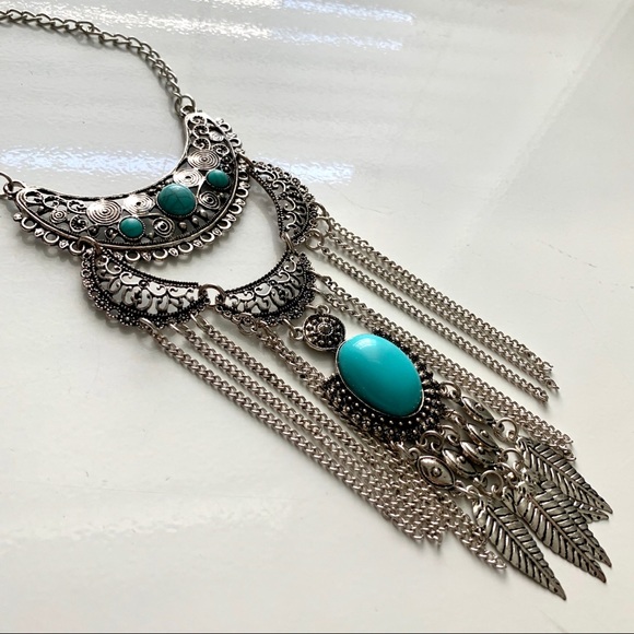 Jewelry - Boho Statement Collar Bib Necklace with faux turquoise stone + silver feathers